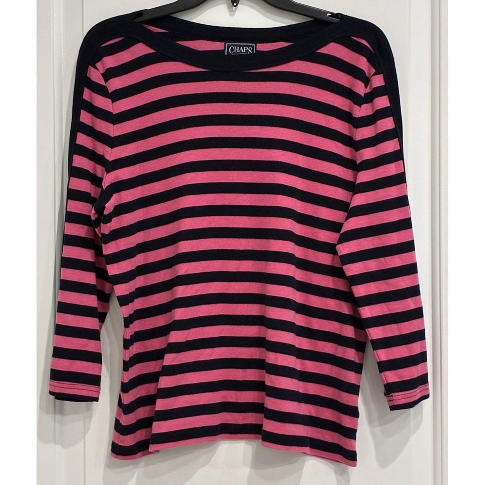 Chaps Womens Striped Sweater Womens XL Pink Navy Boatneck Jumper Preppy Nautical
